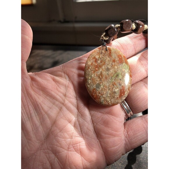 Autumn Jasper Stone Pendant Necklace w Square Wooden Beads Boho Handmade Hippie - Picture 3 of 16